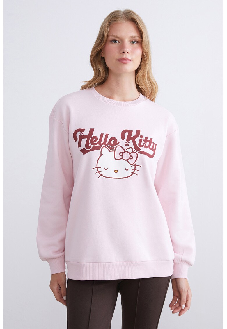 Bluza de trening cu croiala supradimensionata si imprimeu Hello Kitty - Roz