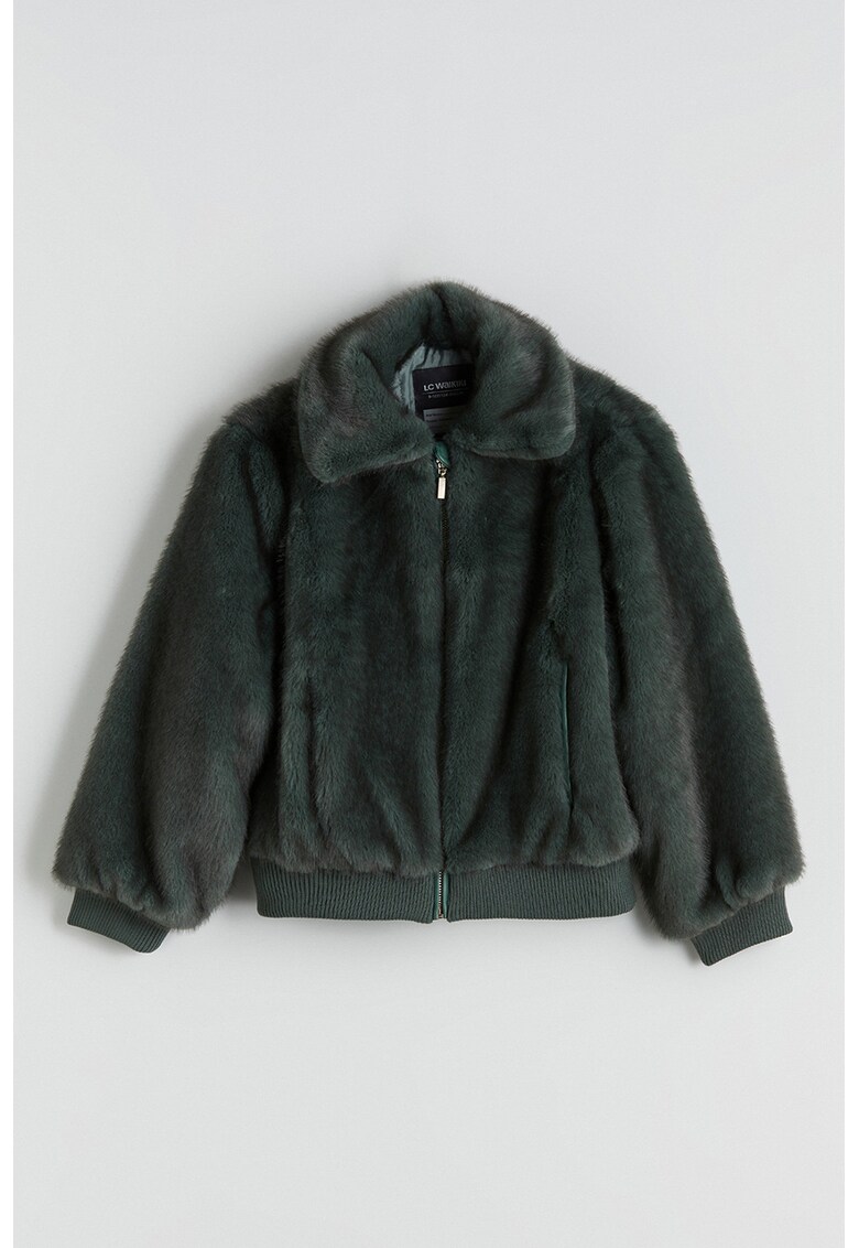 Palton scurt de blana sintetica cu buzunare laterale - Verde inchis