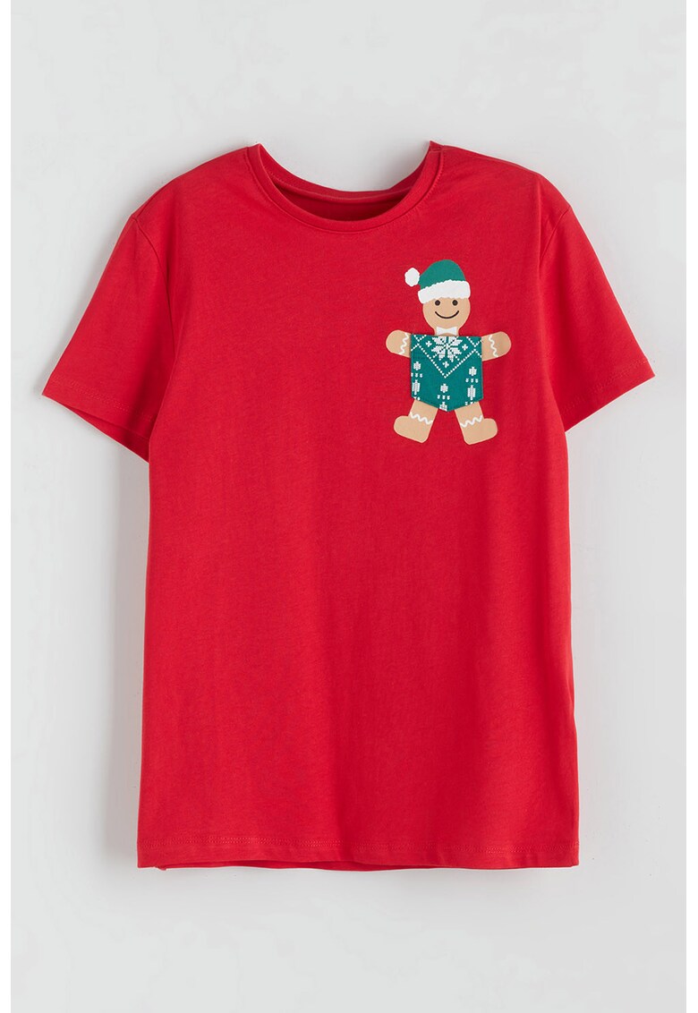 Tricou cu buzunar pe piept si imprimeu tematic de Craciun - Rosu/Verde
