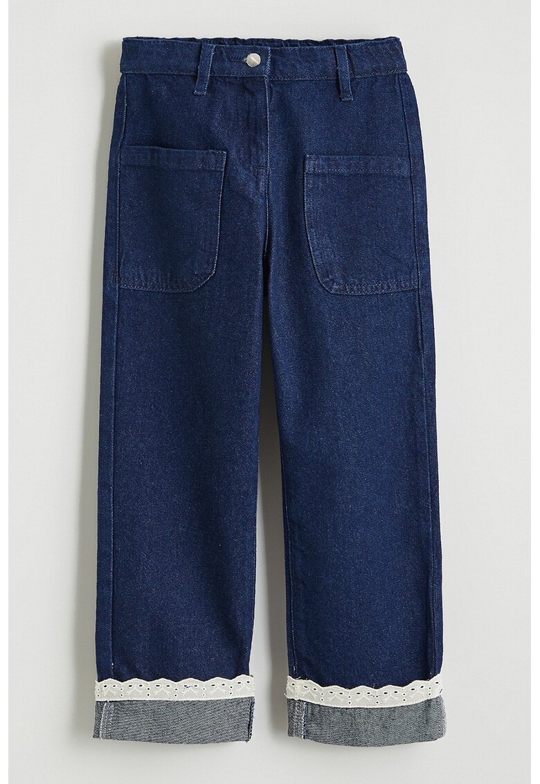 Blugi drepti cu talie elastica si garnitura din dantela - Albastru inchis