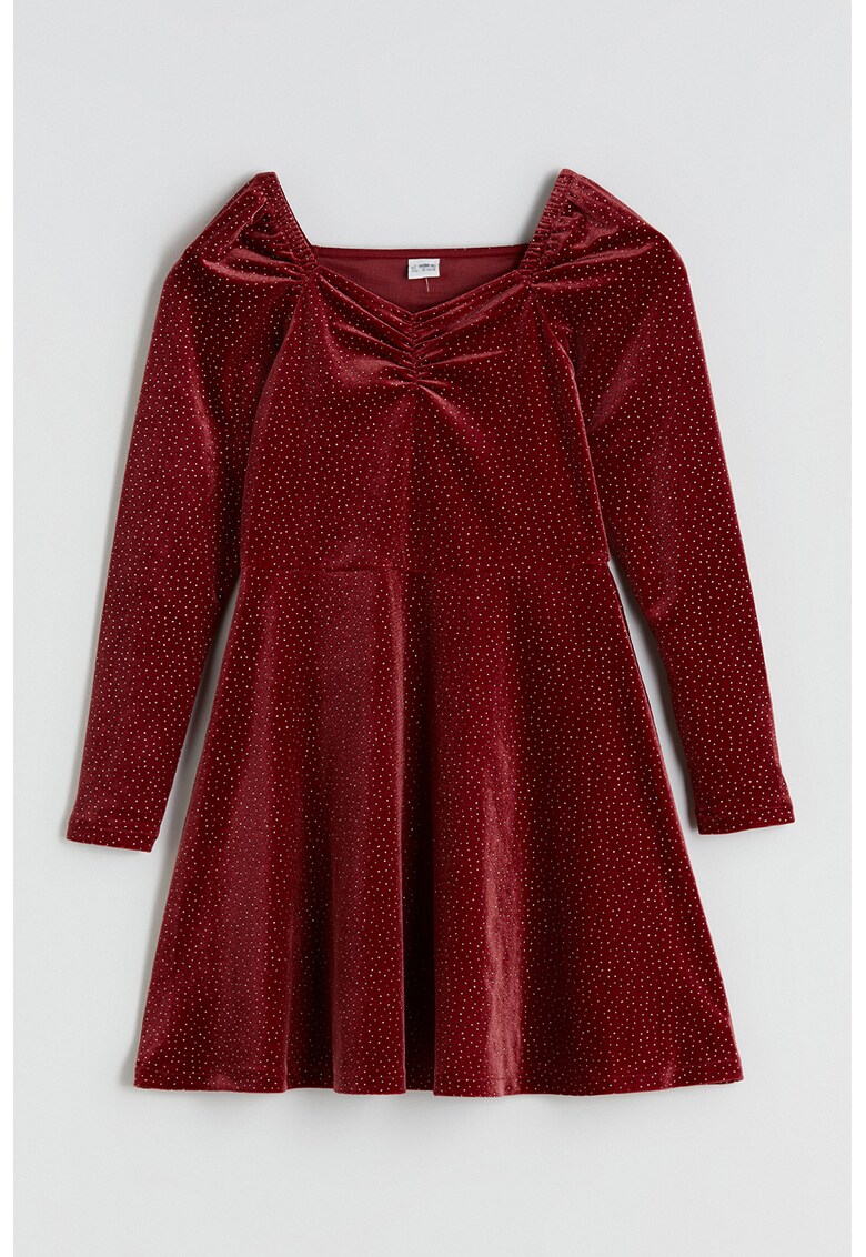 Rochie evazata si catifelata cu aspect stralucitor - Rosu inchis