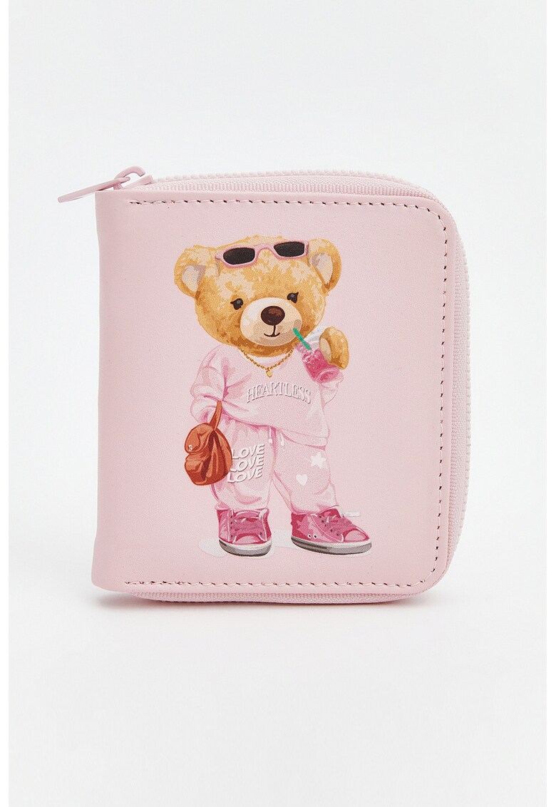 Portofel cu fermoar si imprimeu cu ursulet - Roz deschis