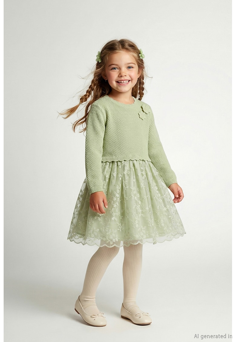 Rochie cu croiala dreapta si aplicatie cu model floral - Verde deschis