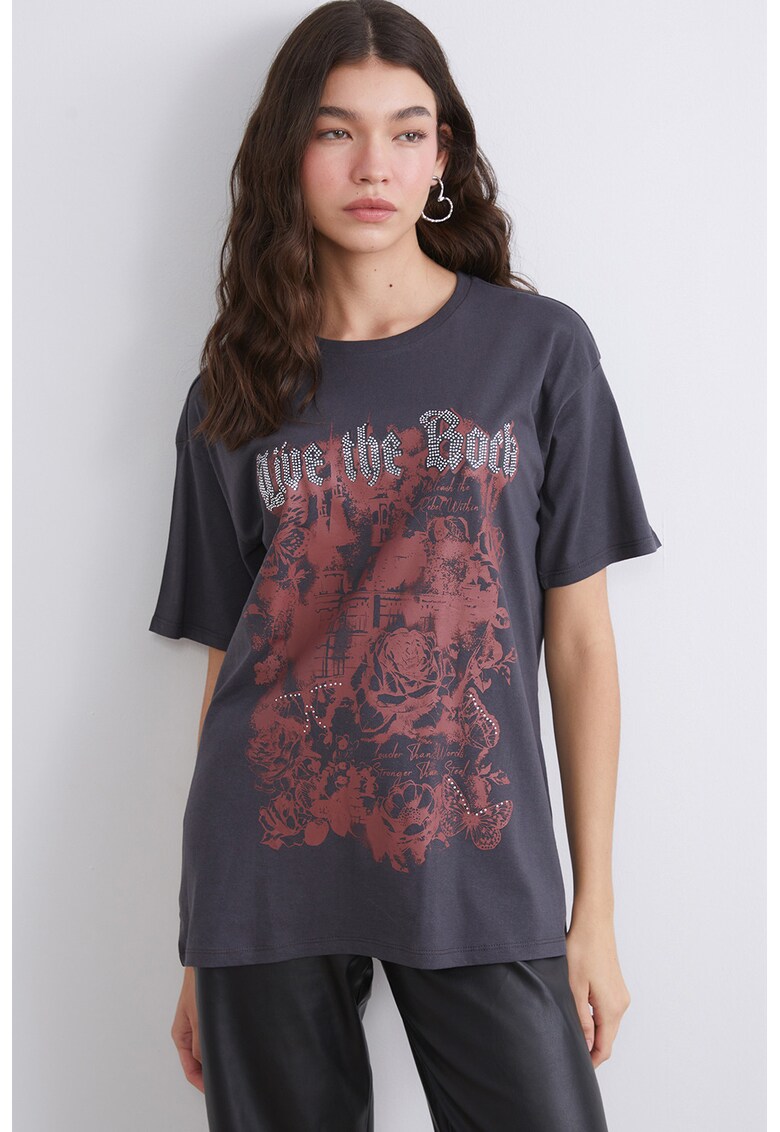 Tricou din bumbac cu imprimeu grafic - Gri carbune