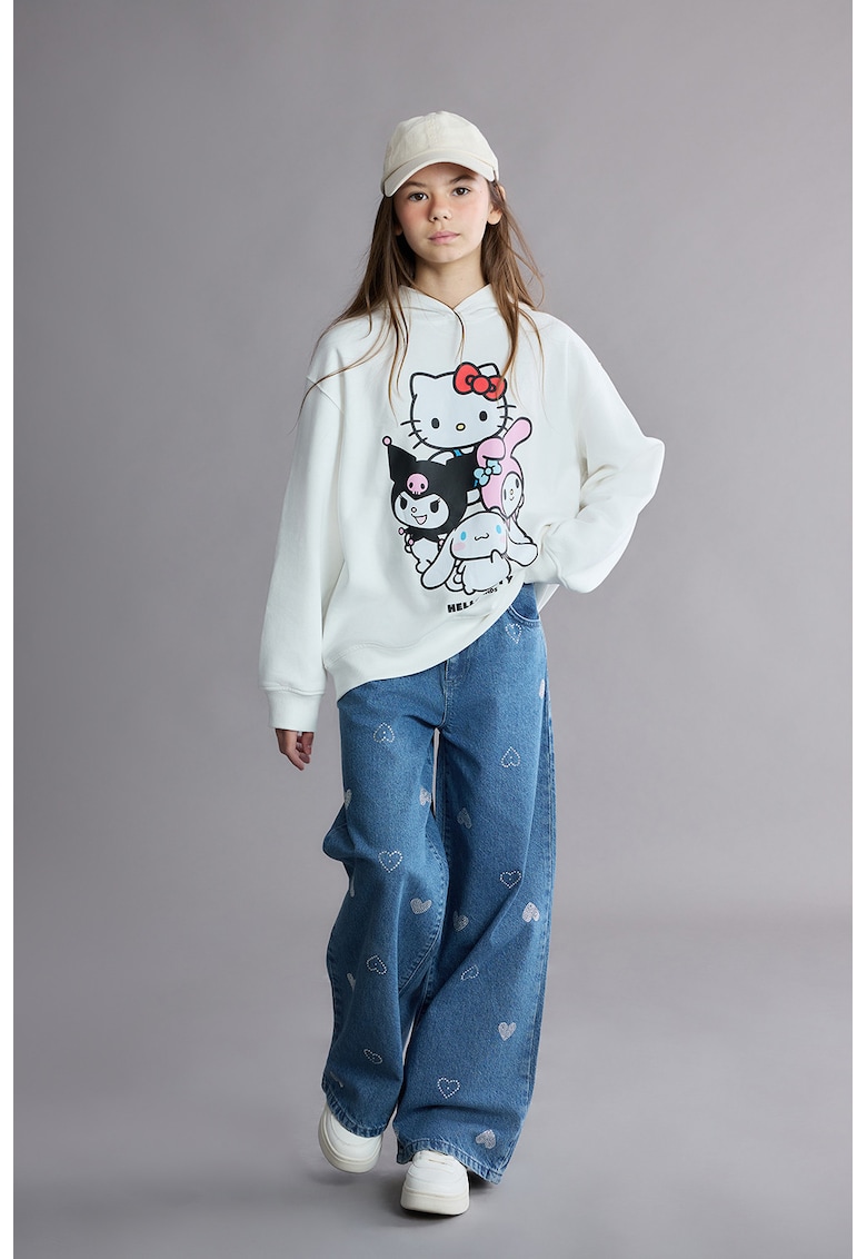 Blugi cu croiala ampla si model cu inima - Albastru deschis melange