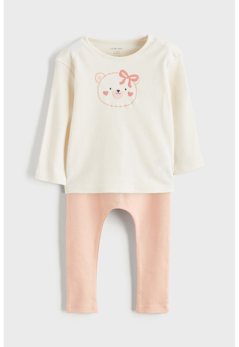 Set de colanti si bluza din bumbac - 2 piese - Piersica/Crem
