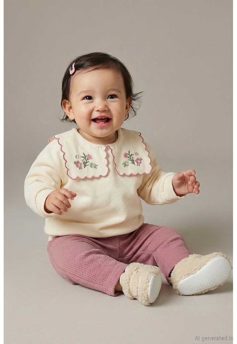 Set de bluza si pantaloni cu model floral - 2 piese - Galben deschis/Roz prafuit