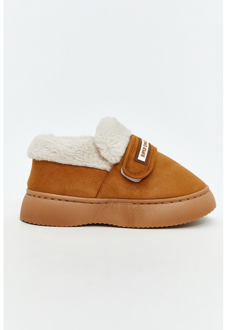 Papuci din material textil cu talpa flatform - Alb/Caramel