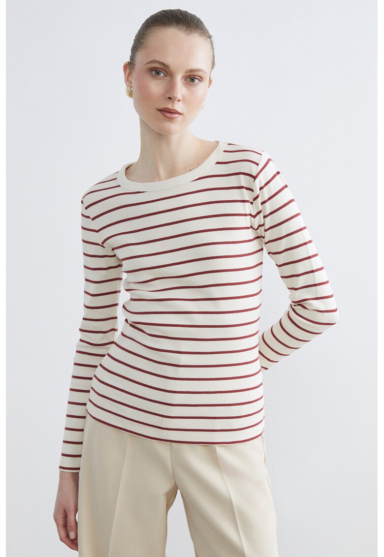 Bluza slim-fit cu decolteu la baza gatului si dungi - Rosu/Alb