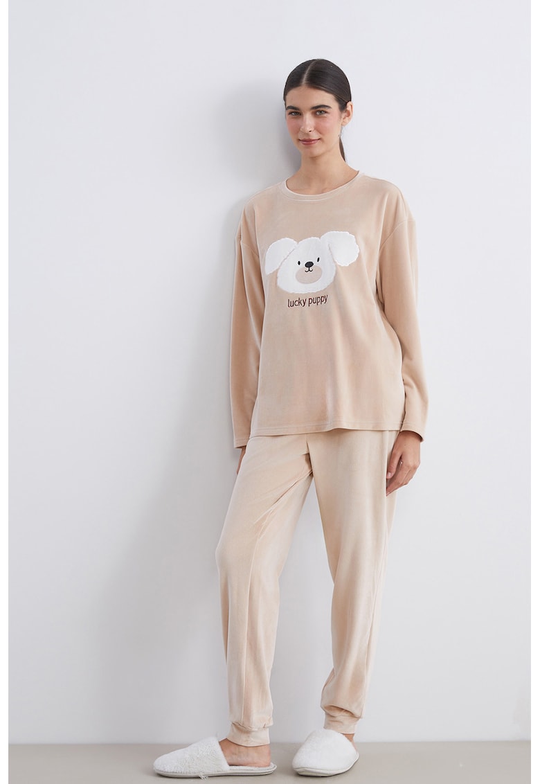 Pijama cu pantaloni lungi si aspect de catifea - Alb/Bej