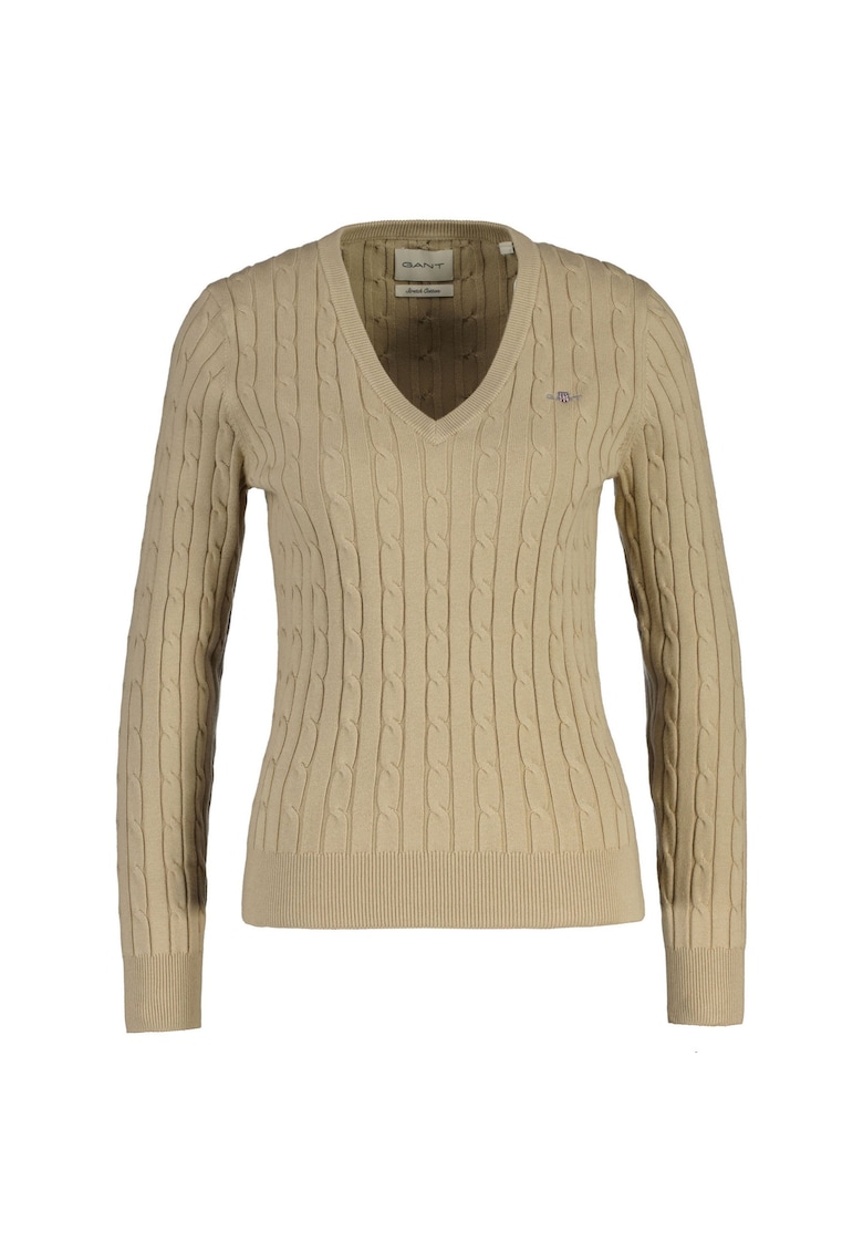 Gant Pulover slim fit cu model torsade si decolteu in V - Bej