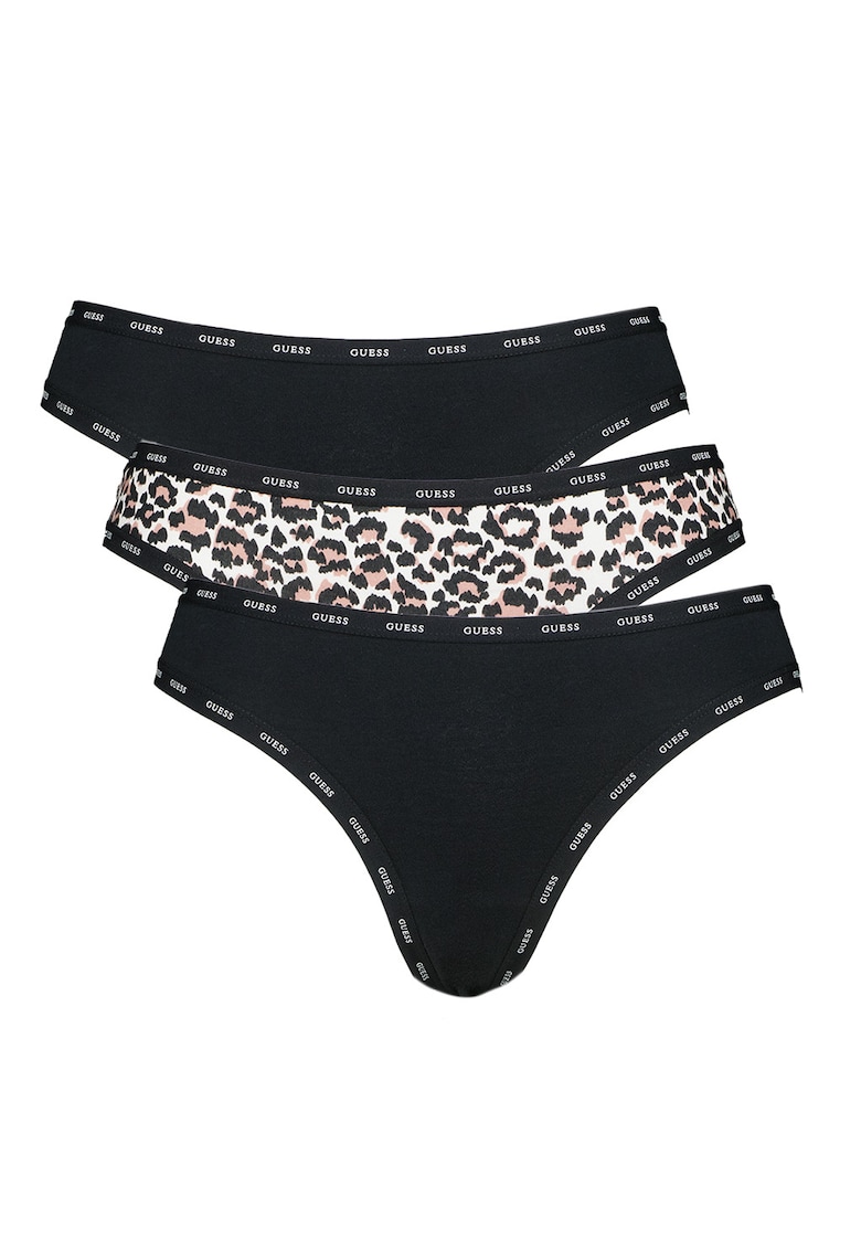 Set de chiloti tanga din amestec de bumbac - 3 perechi - Alb/Negru/Maro deschis