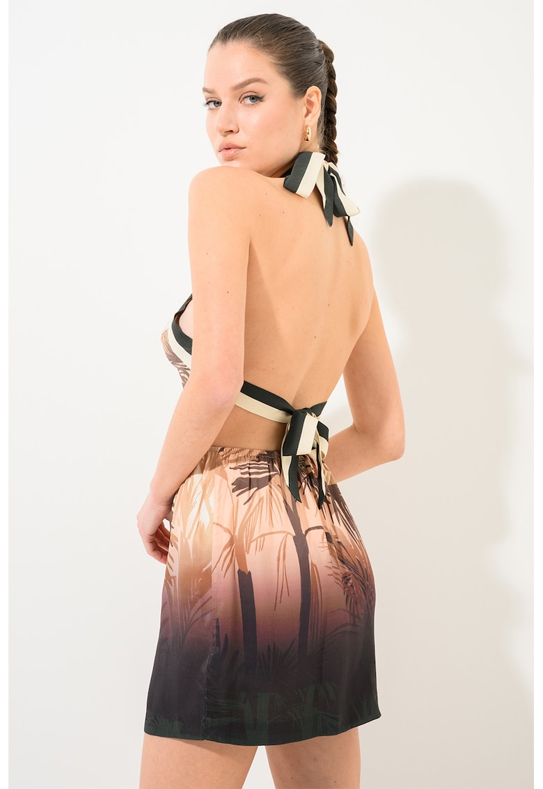 Rochie halter cu imprimeu tropical - Maro/Roz