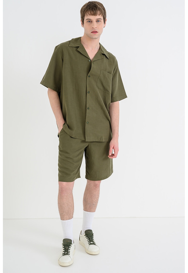 Camasa relaxed fit de plaja din in si lyocell cu maneci scurte - Kaki
