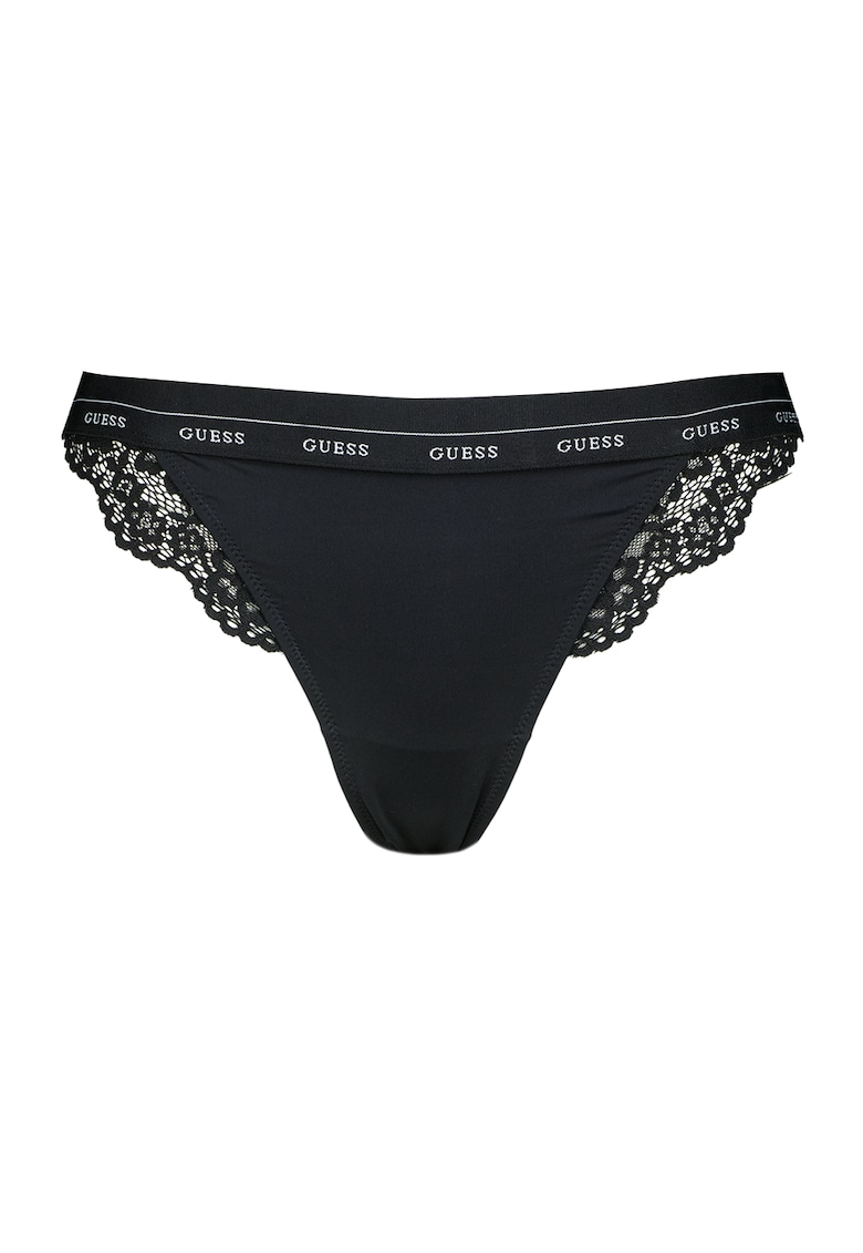 Chiloti tanga cu garnituri din dantela si banda logo in talie - Negru