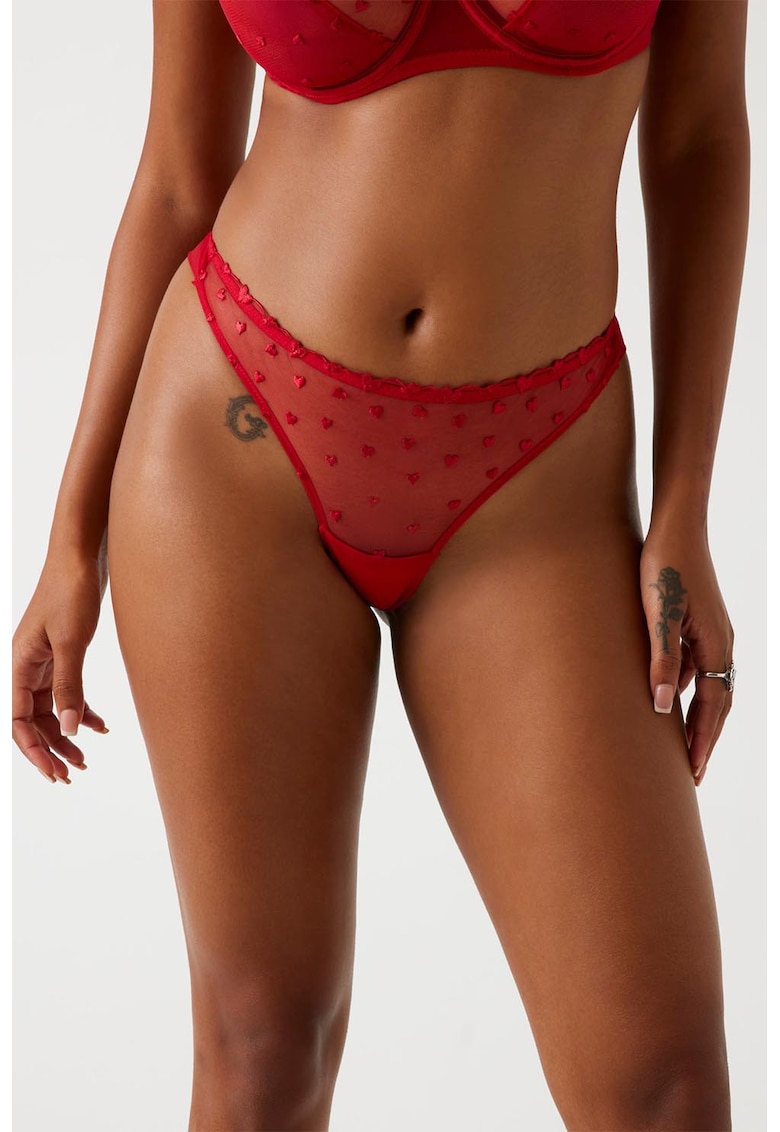Chiloti tanga cu aplicatii cu dantela si inimi Claire - Rosu
