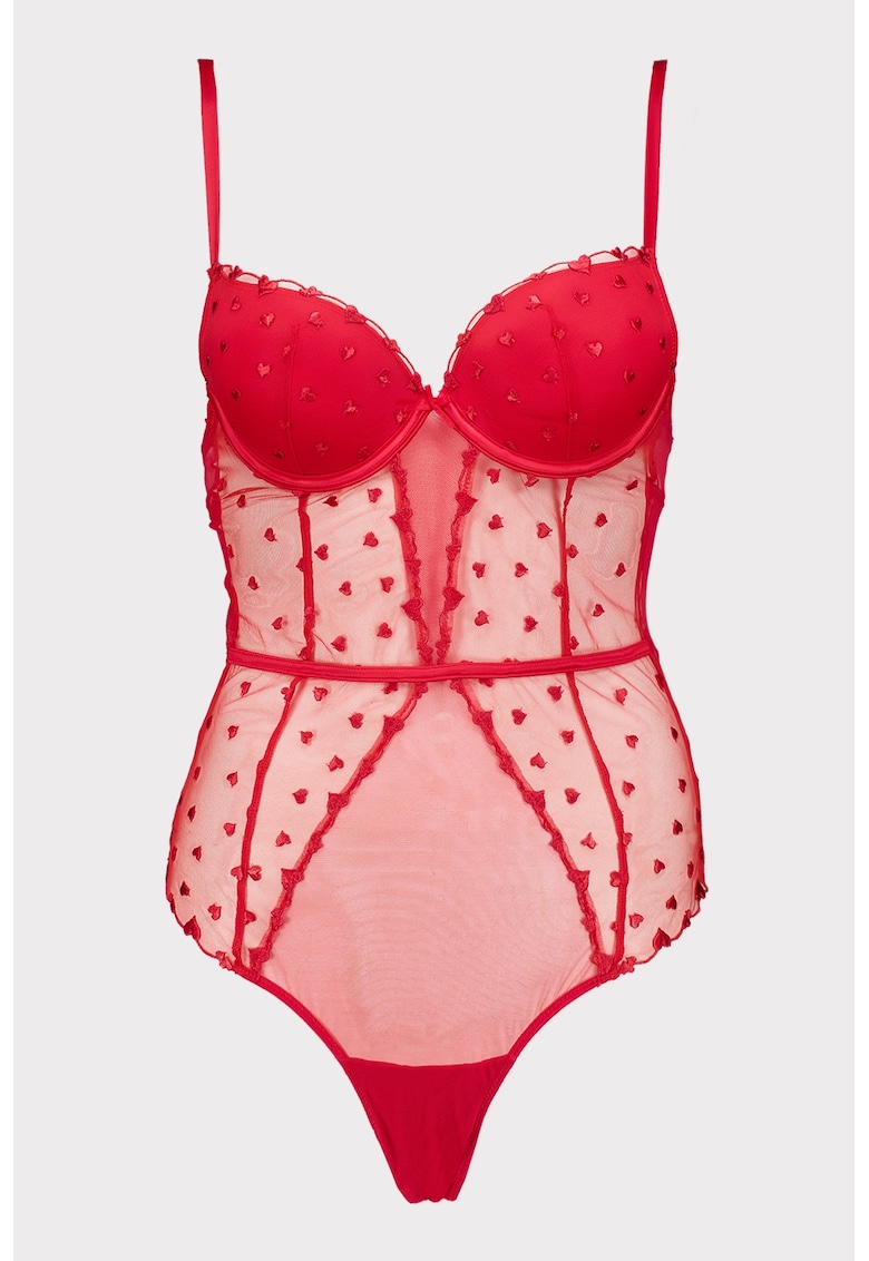 Body din plasa cu model cu inimi Claire - Rosu