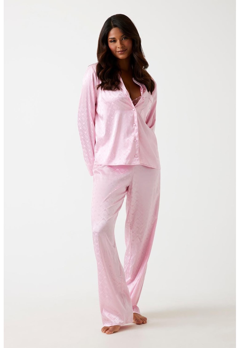 Pijama din satin cu revere decupate - Roz deschis