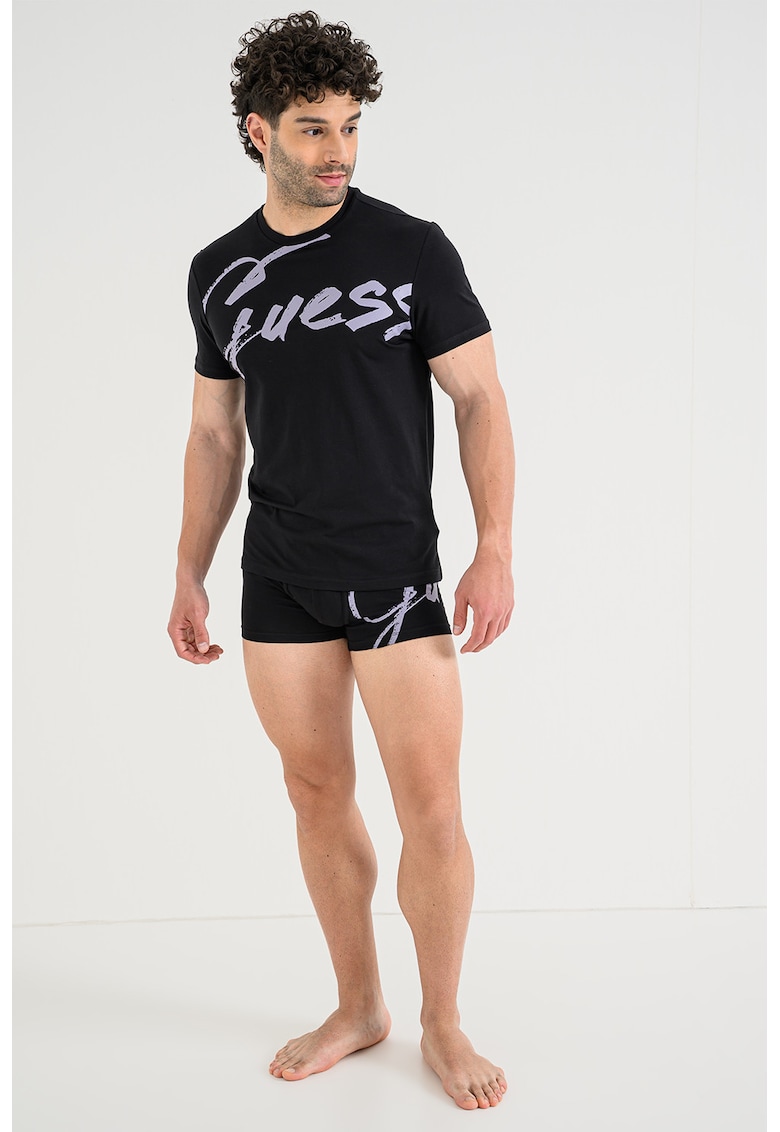 Set de tricou din amestec de bumbac si boxeri cu imprimeu logo - Negru/Liliac prafuit