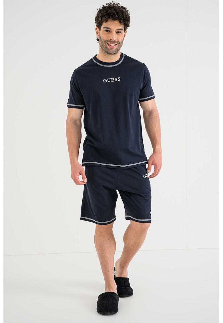 Pijama scurta cu imprimeu logo si benzi contrastante - Albastru ultramarin