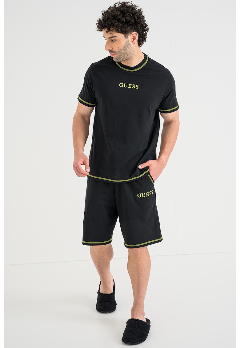 Pijama scurta cu imprimeu logo si benzi contrastante - Negru/Verde lime