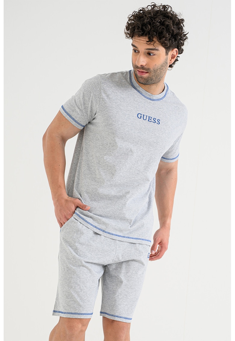 Pijama scurta cu imprimeu logo si benzi contrastante - Albastru royal/Gri deschis melange