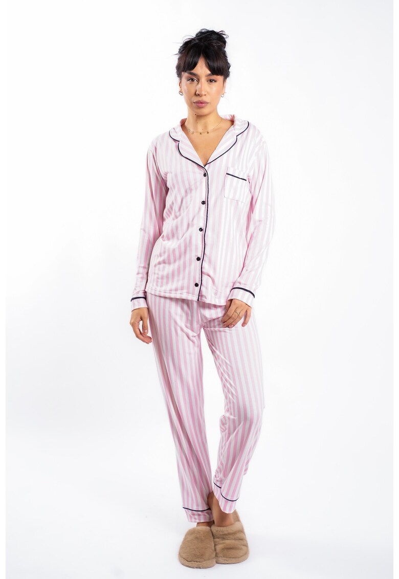 Pijama cu imprimeu in dungi - roz