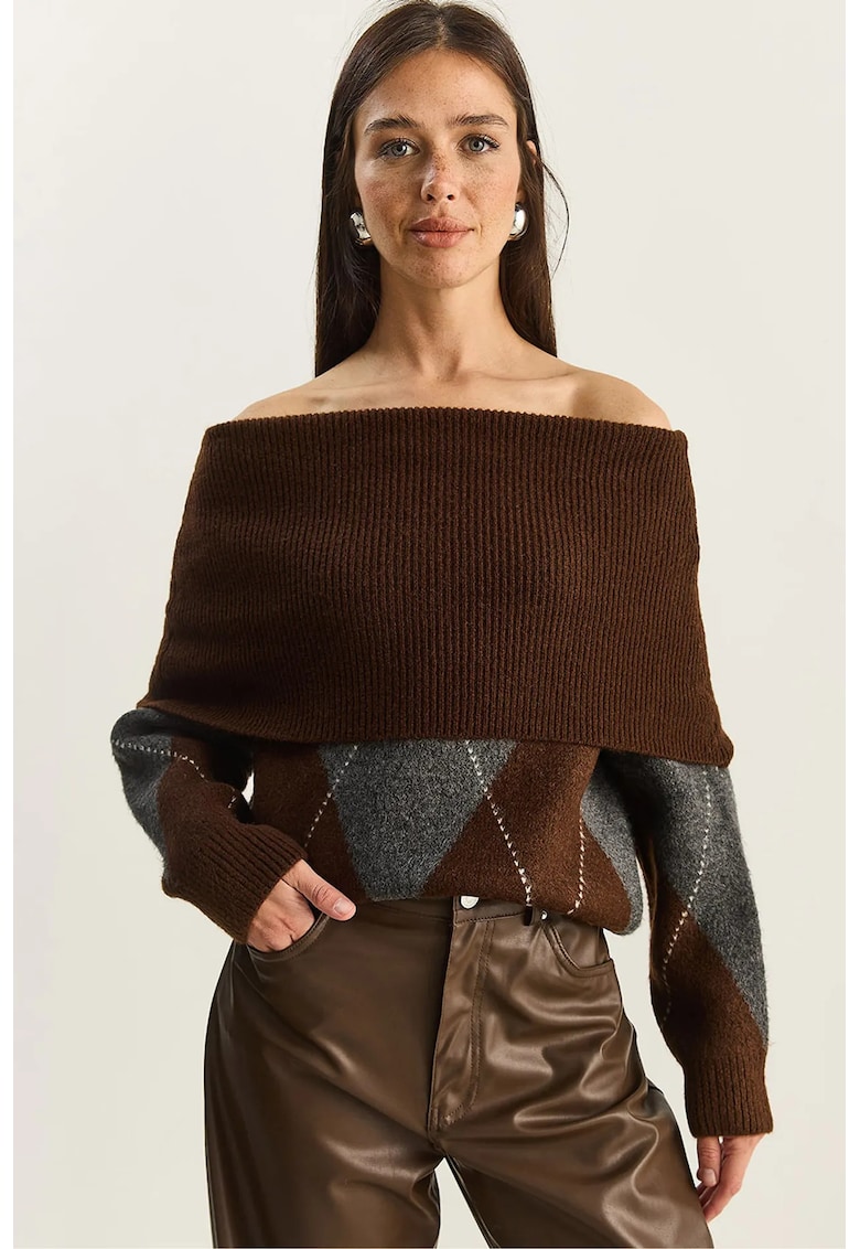 Pulover - Femei - Pulover tricotat LUCCI cu guler Madonna si model Baklava - Natural - One Size