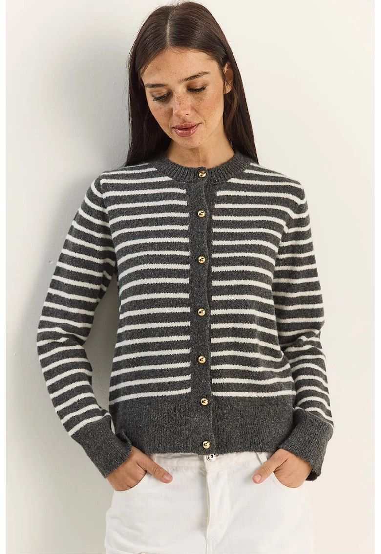 Cardigan tricotat - cu dungi - gri carbune - tricot - One Size