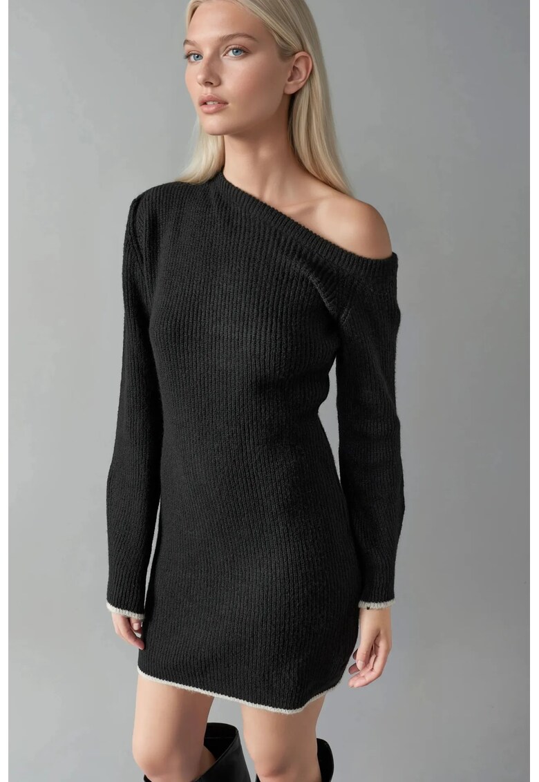 Rochie tricotata - guler asimetric - negru - tricot -