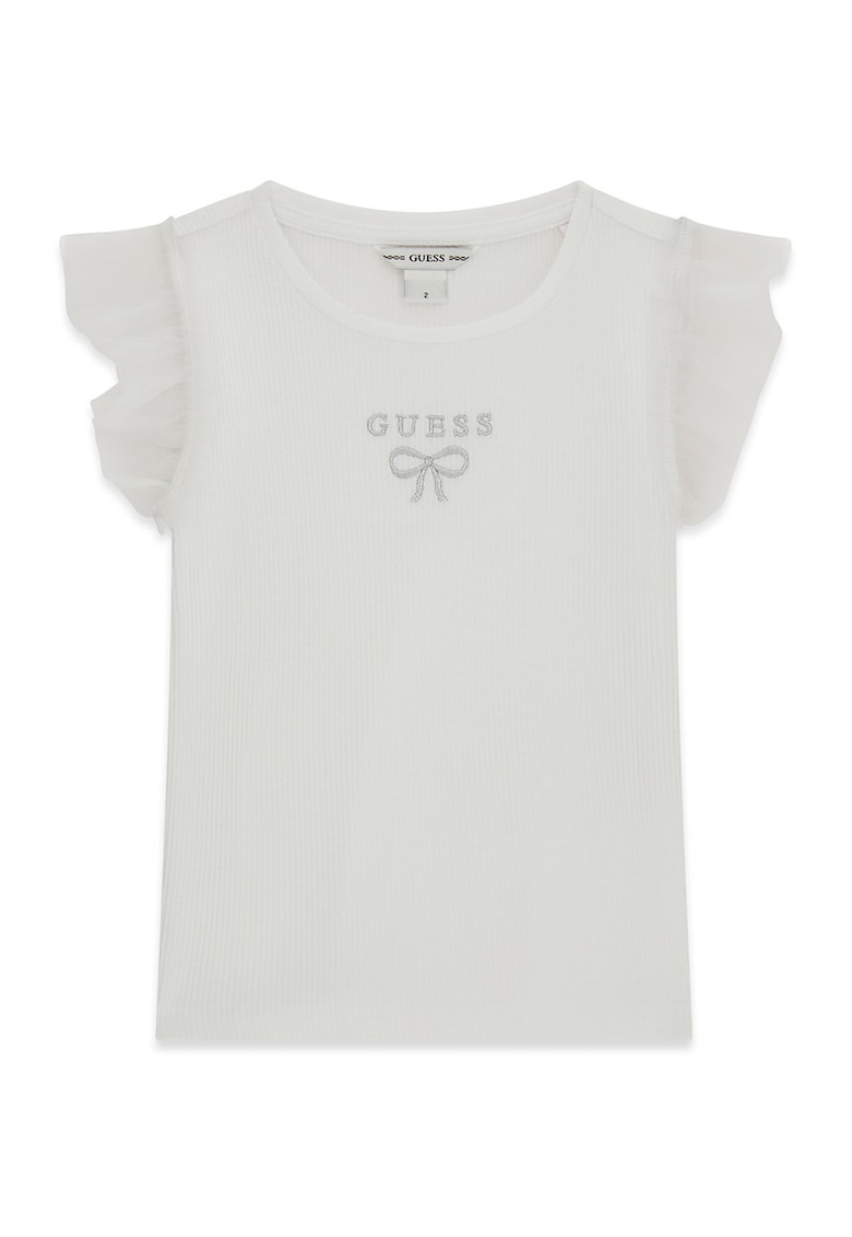 Tricou striat cu maneci cu volane - Alb