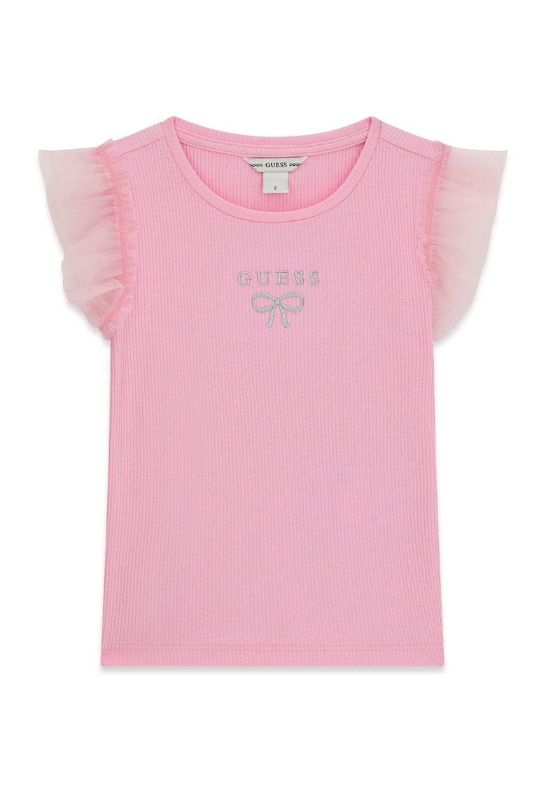 Tricou striat cu maneci cu volane - Roz pastel