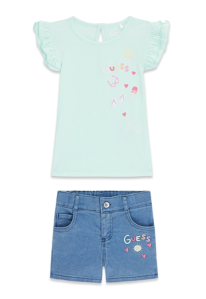 Set de tricou si blugi scurti - Verde pal/Albastru