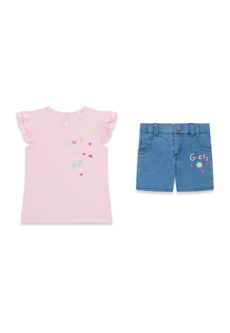 Set de tricou si blugi scurti - Roz pastel/Albastru