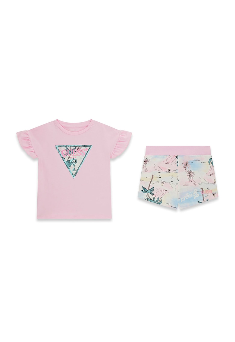 Set de tricou cu volane si pantaloni scurti cu model tropical - Roz pastel