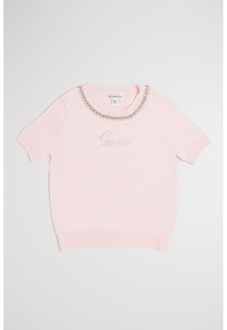 Pulover cu logo din strasuri si maneci scurte - Roz pal