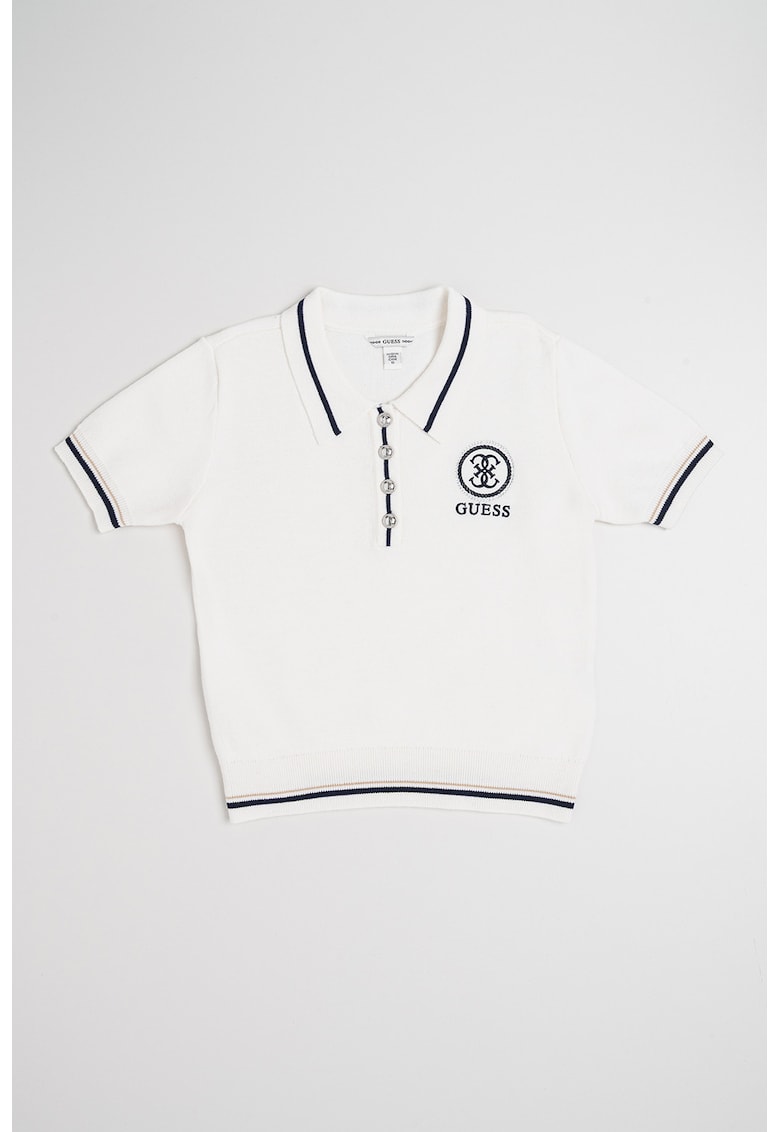 Pulover polo cu maneci scurte si linii contrastante - Bej/Alb murdar/Bleumarin