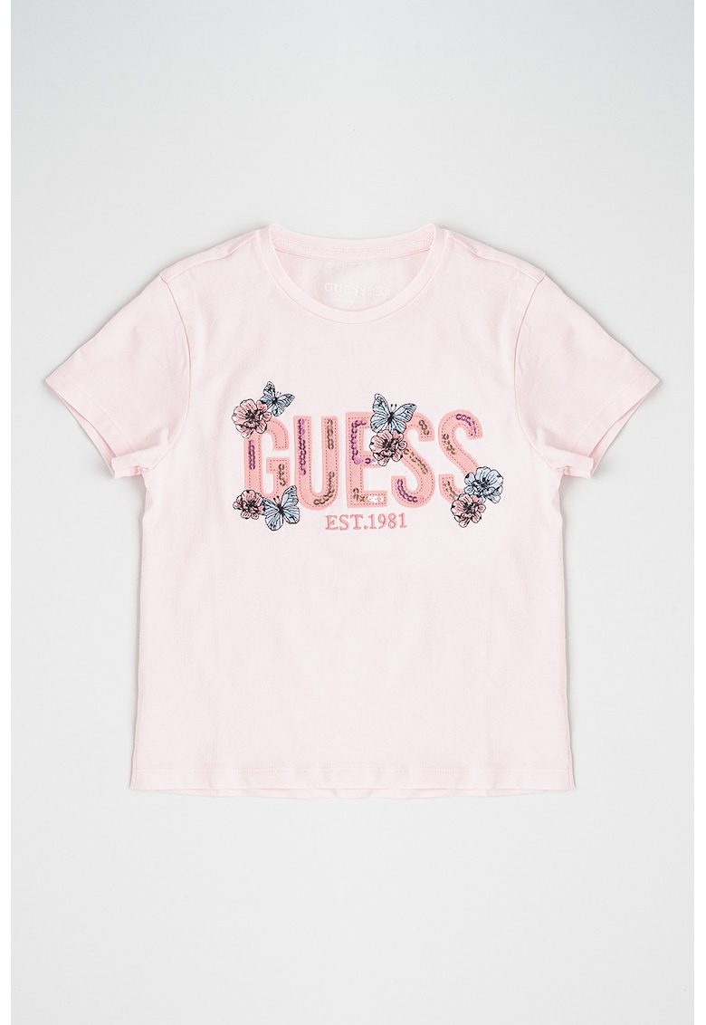 Tricou cu logo si imprimeu floral - Roz pastel/Albastru