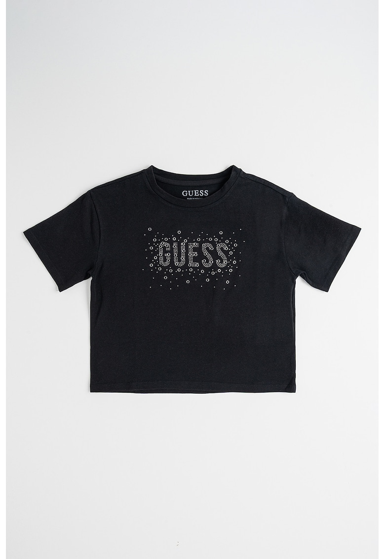 Tricou cu decolteu la baza gatului si imprimeu logo - Negru