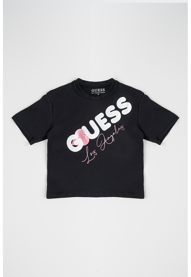 Tricou cu imprimeu logo si decolteu la baza gatului - Alb/Negru/Roz
