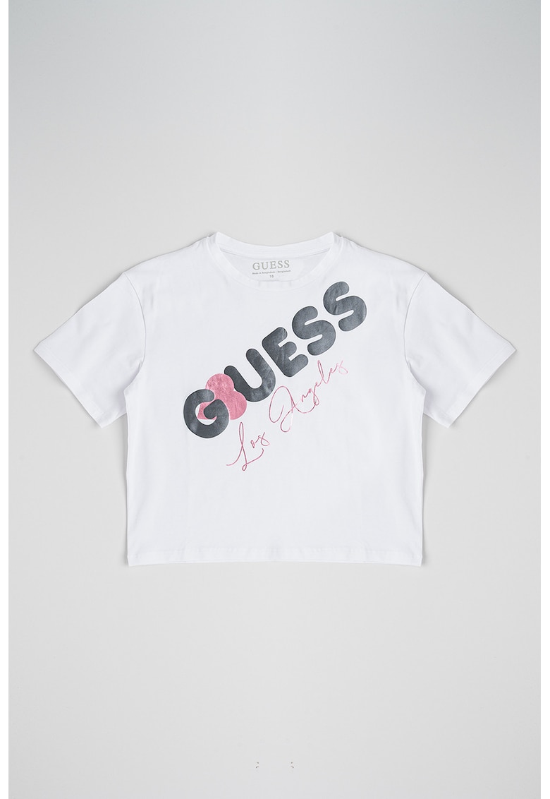 Tricou cu imprimeu logo si decolteu la baza gatului - Alb/Roz/Gri inchis