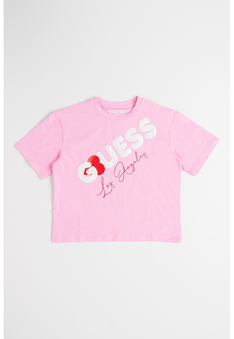 Tricou cu imprimeu logo si decolteu la baza gatului - Alb/Roz