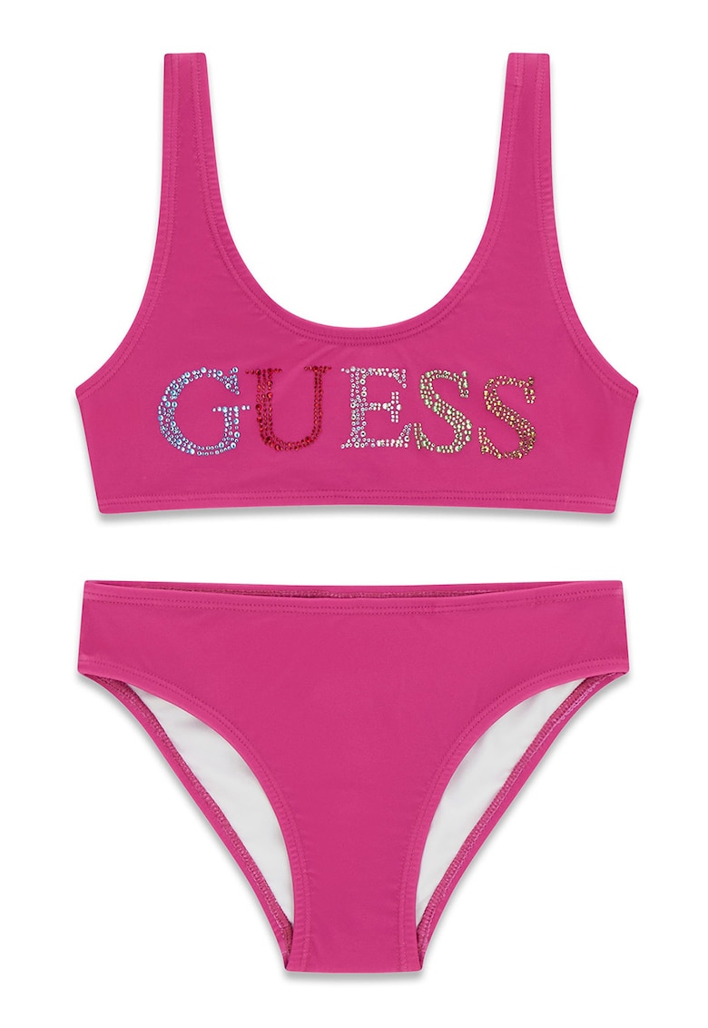 Costum de baie in doua piese cu logo cu strasuri - Fucsia