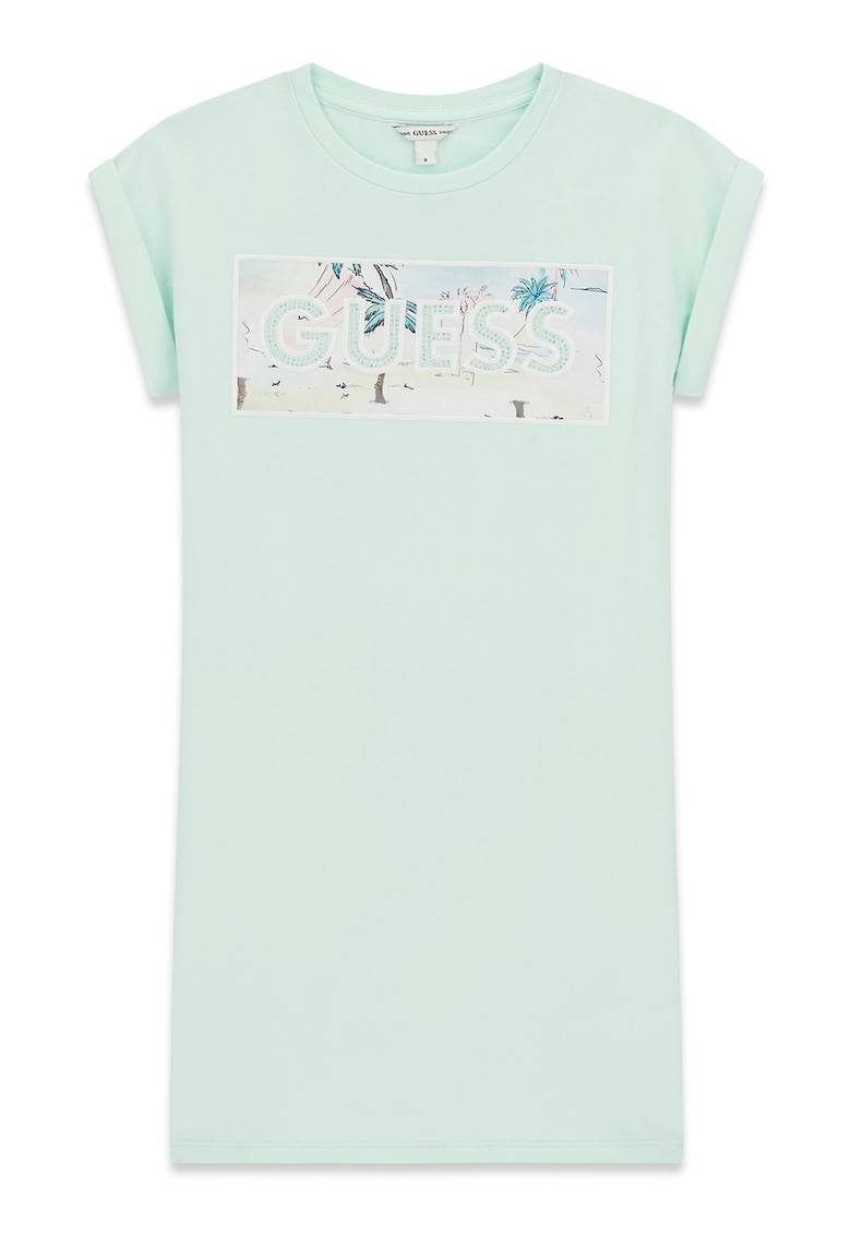 Rochie cu decolteu la baza gatului si imprimeu logo - Verde pal