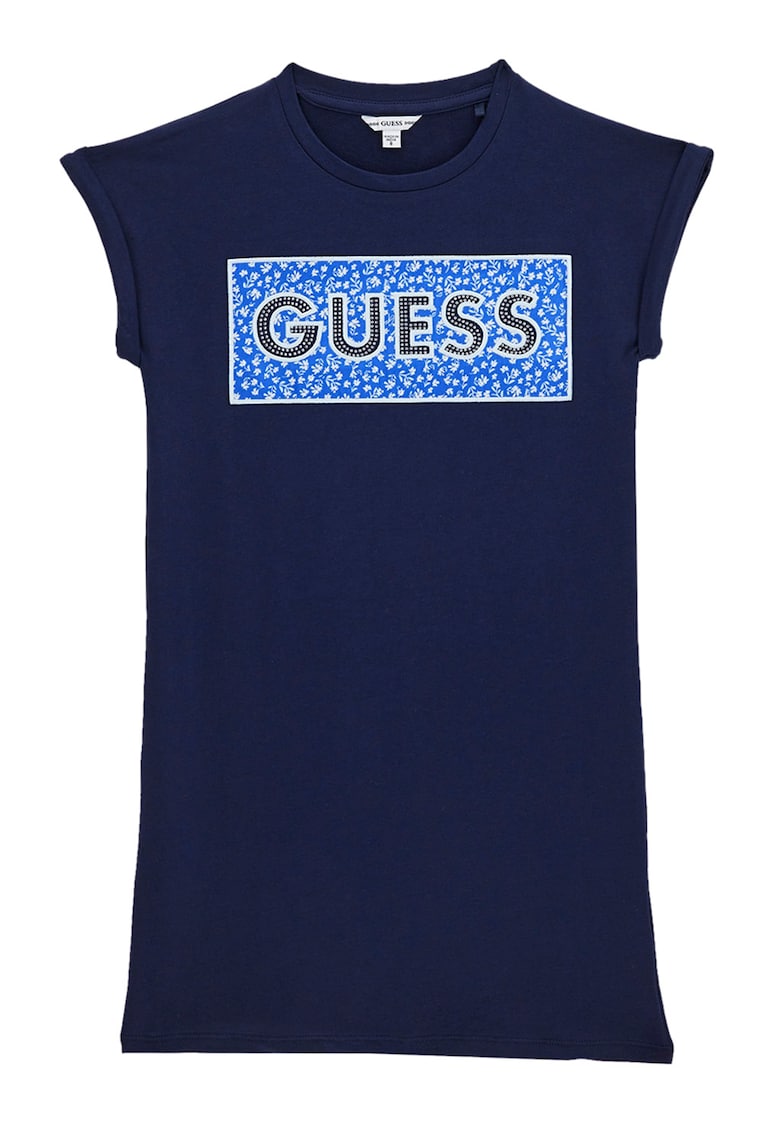 Rochie cu decolteu la baza gatului si imprimeu logo - Bleumarin