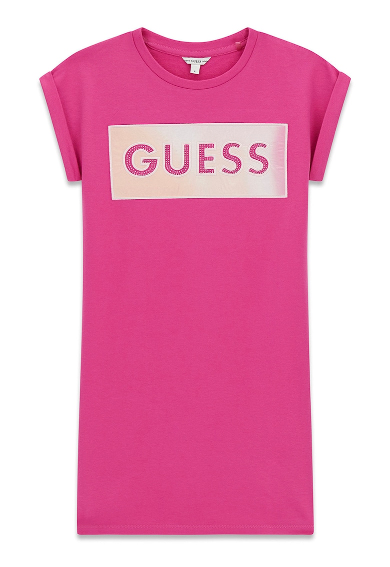 Rochie cu decolteu la baza gatului si imprimeu logo - Roz