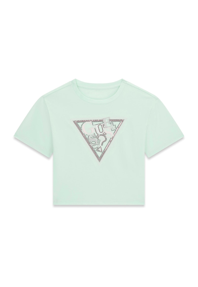 Tricou din amestec de bumbac cu decolteu la baza gatului si logo - Verde pal