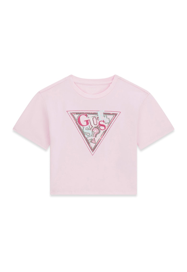 Tricou din amestec de bumbac cu decolteu la baza gatului si logo - Roz deschis