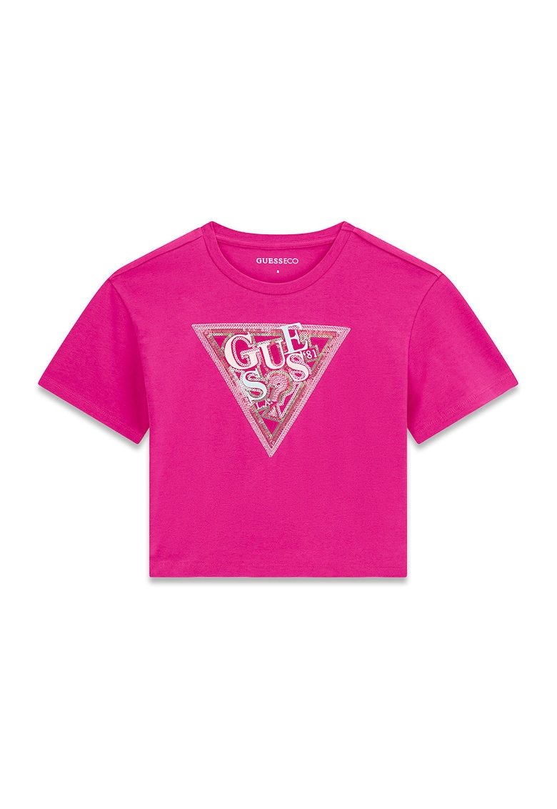 Tricou din amestec de bumbac cu decolteu la baza gatului si logo - Alb/Fucsia
