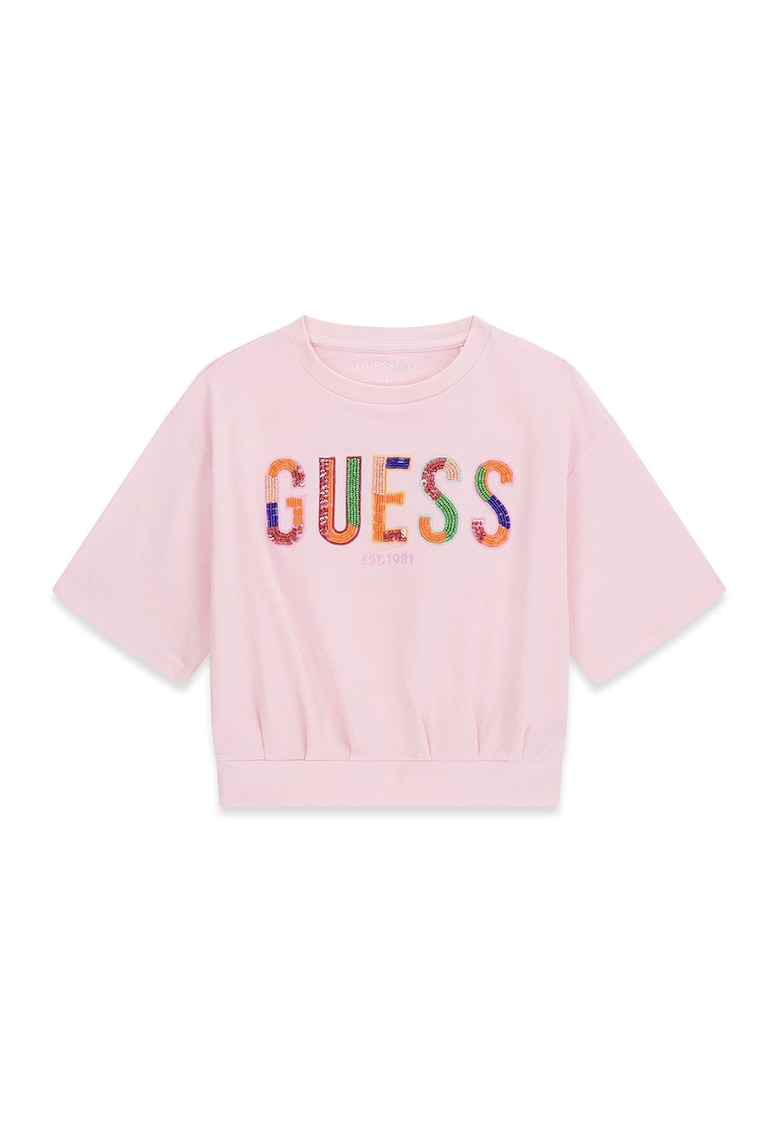 Tricou cu decolteu la baza gatului si imprimeu logo - Roz pastel